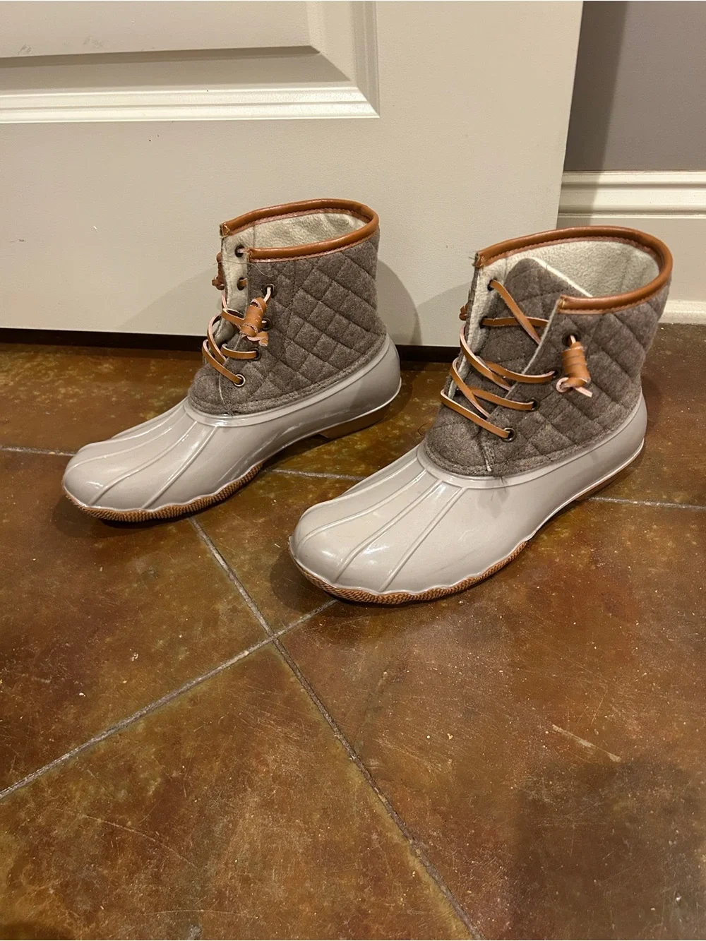 Women’s Gray Winter Duck Boots with Tan Trim